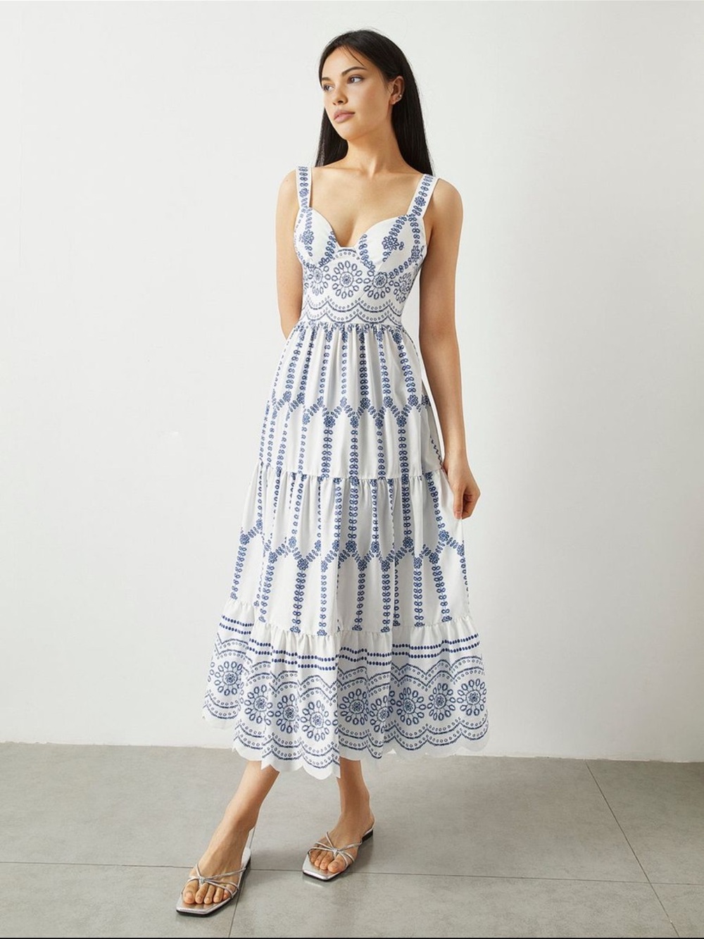 White and Blue Embroidered Tiered midi Dress small